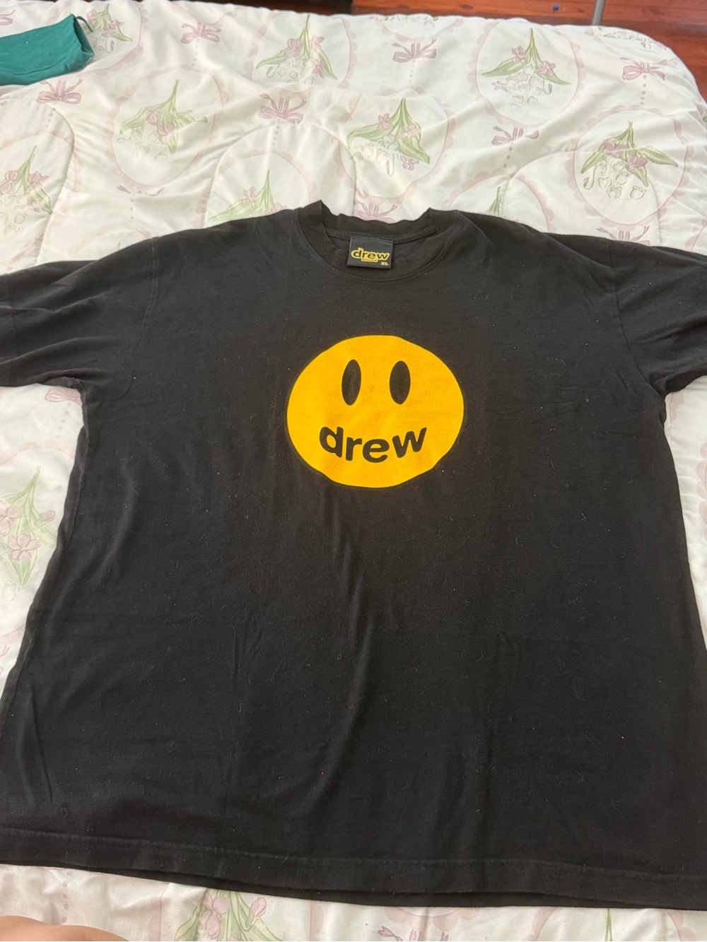 drew house Black Tee with Yellow Logo Tag